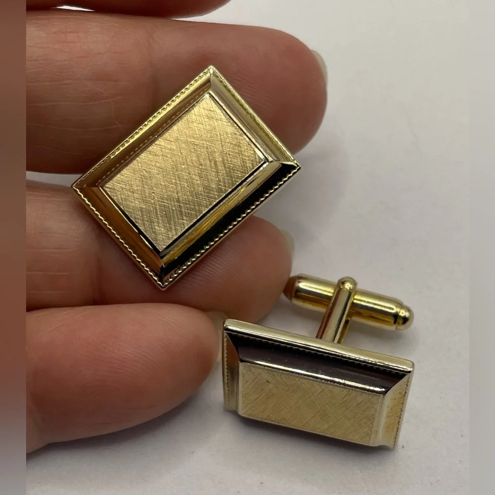 3 for $30 Vintage Gold Tone Rectangular Cufflinks Brushed Textured Raised Center